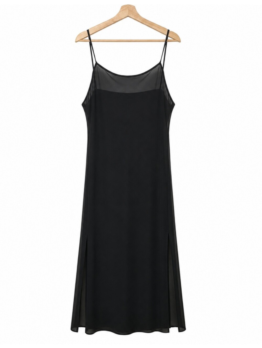 Donna Ricco Black Sheer Mesh Slip Dress Maxi Double Slit Minimalist Petite Large - Picture 2 of 11